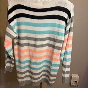 BiBi Striped Crewneck Sweater in White, Black, Gray, Aqua & Coral